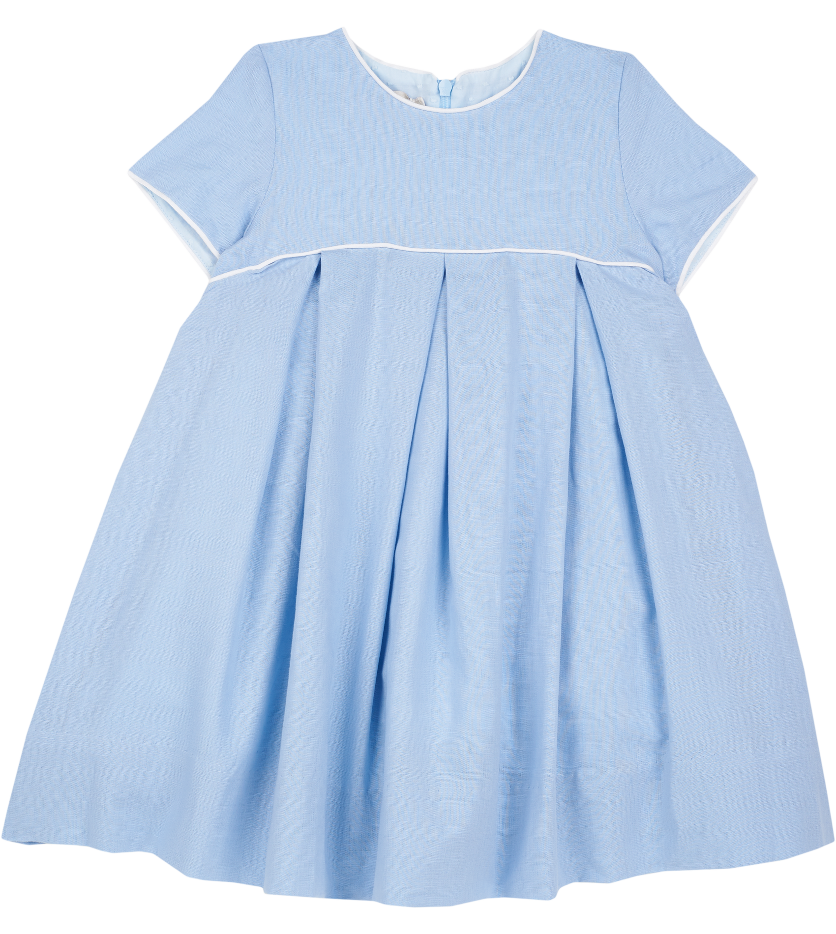 Cashmirino blue linen girls mini dress with pleated skirt, short sleeves, round neck, and crochet trim