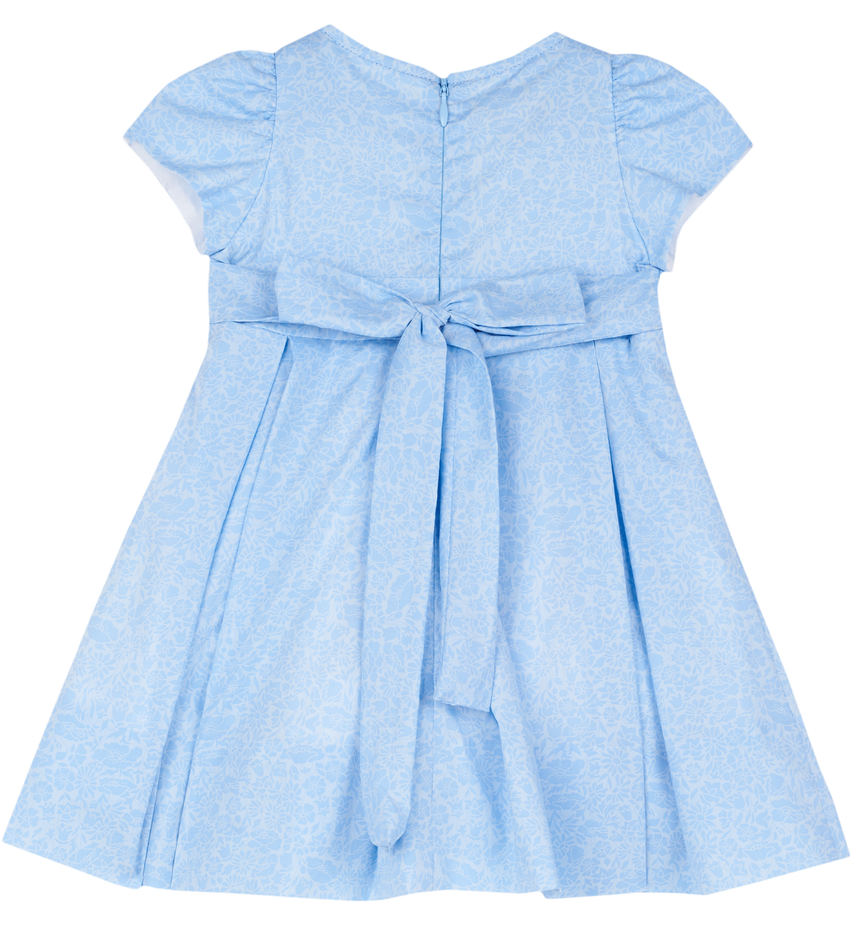 Back of baby girl sky blue dress showing hidden zip and tie closure