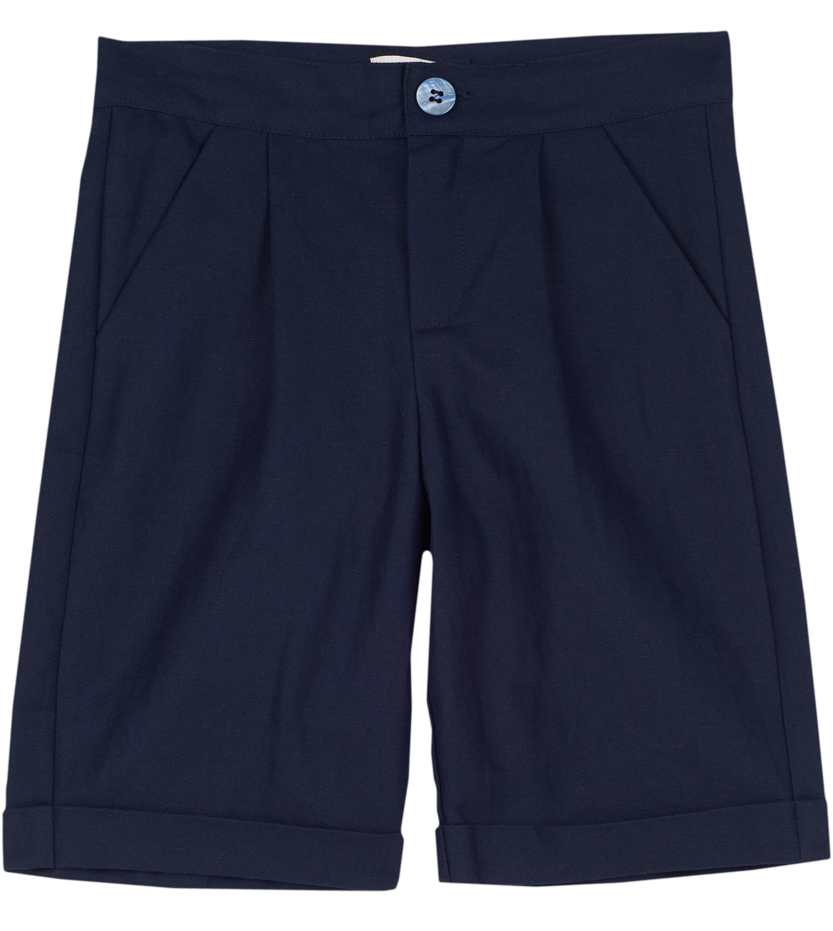 Cashmirino boys’ linen-cotton navy Bermuda shorts with pleats, French pockets, wide turn-up hem, and signature button