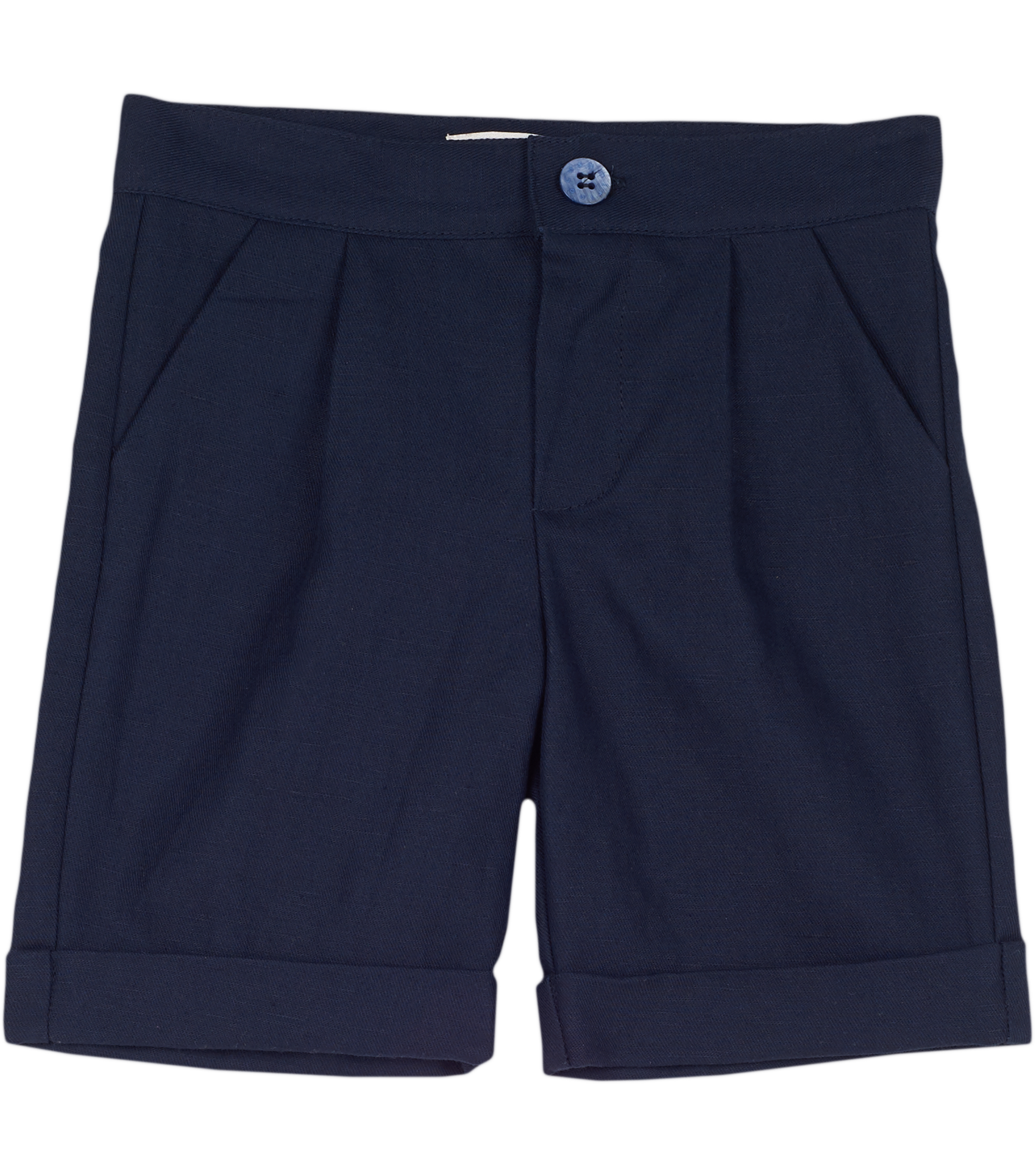 Cashmirino baby boy navy linen cotton Bermuda shorts with pleats, French pockets, wide turn-up hem, and signature button