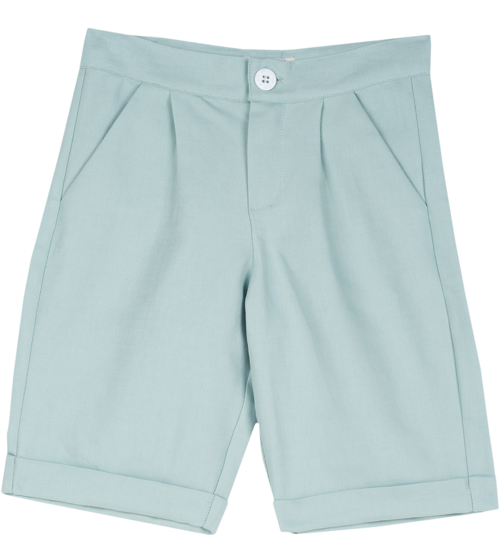 Cashmirino boys’ linen-cotton green Bermuda shorts with pleats, French pockets, wide turn-up hem, and signature button