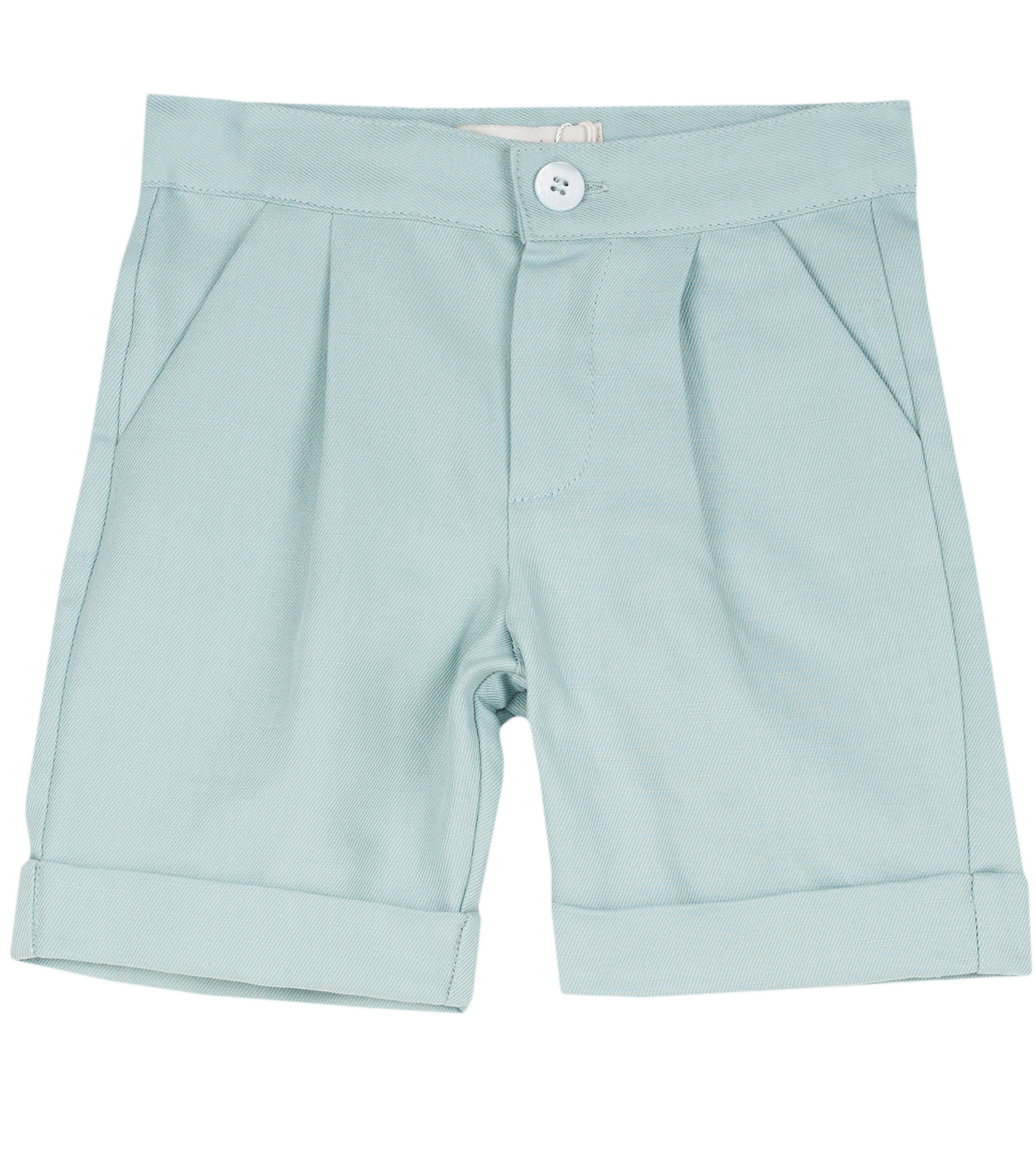 Cashmirino baby boy green linen cotton Bermuda shorts with pleats, French pockets, wide turn-up hem, and signature button
