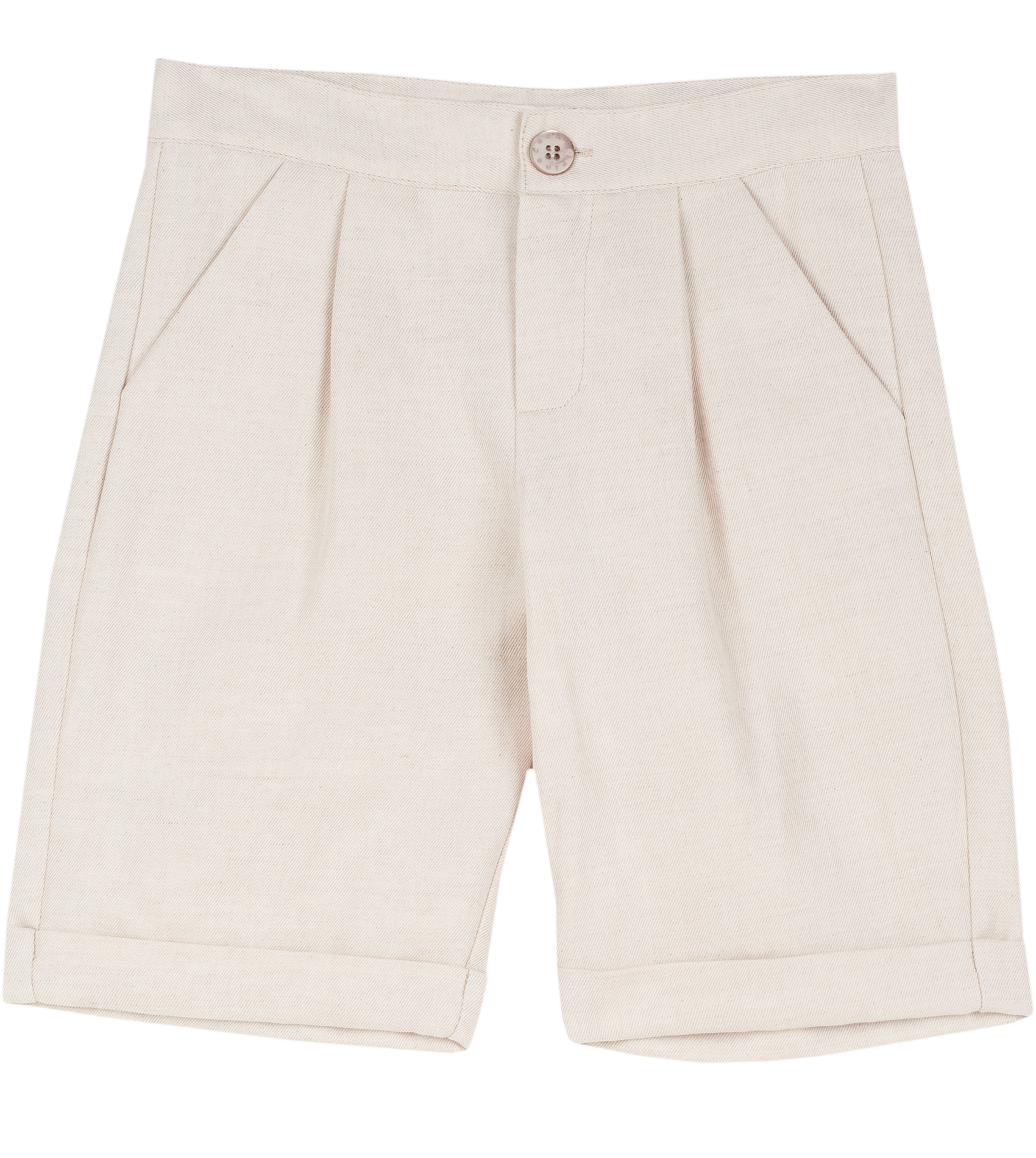 Cashmirino boys’ linen-cotton beige Bermuda shorts with pleats, French pockets, wide turn-up hem, and signature button