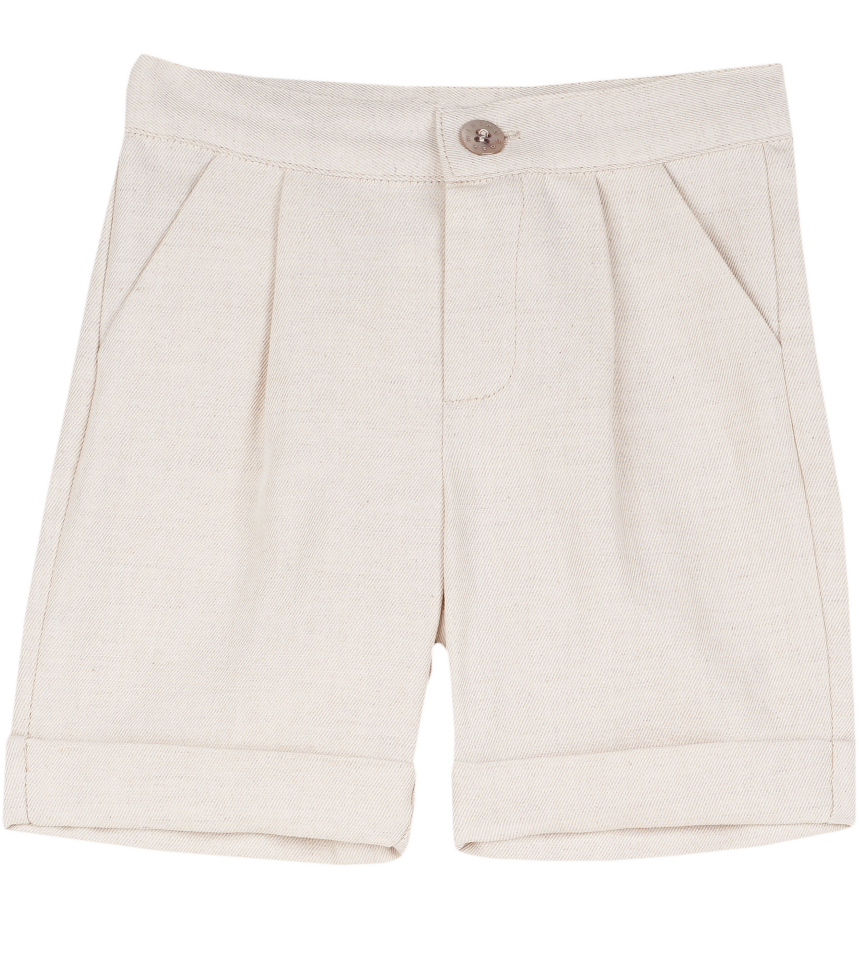 Cashmirino baby boy beige linen cotton blend Bermuda shorts with pleats, French pockets, wide turn-up hem, and signature button