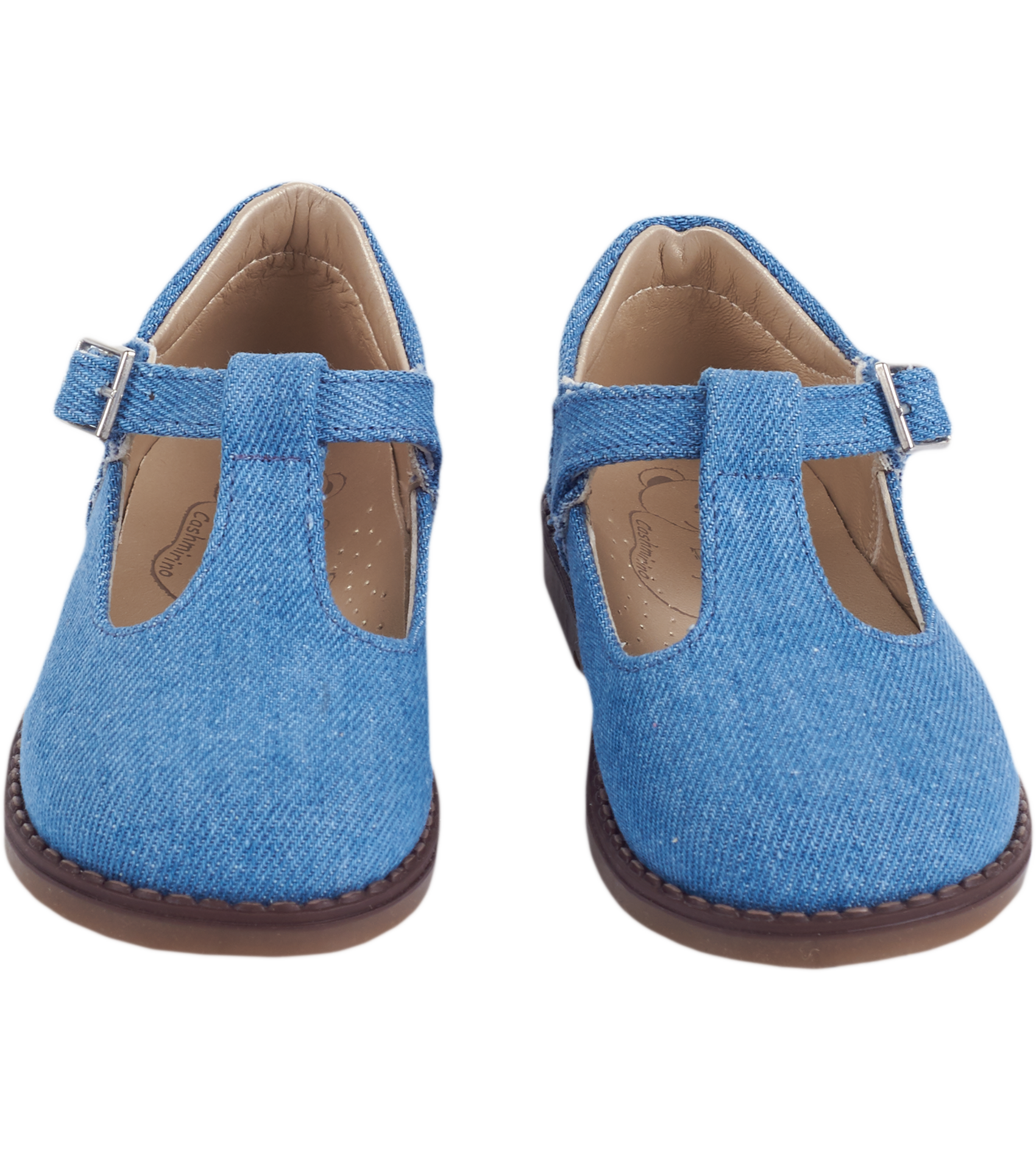 Girls' Mary Jane shoes with denim-look textile and buckle strap.