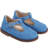 Side view of denim-effect Mary Jane shoes with cut-out detail