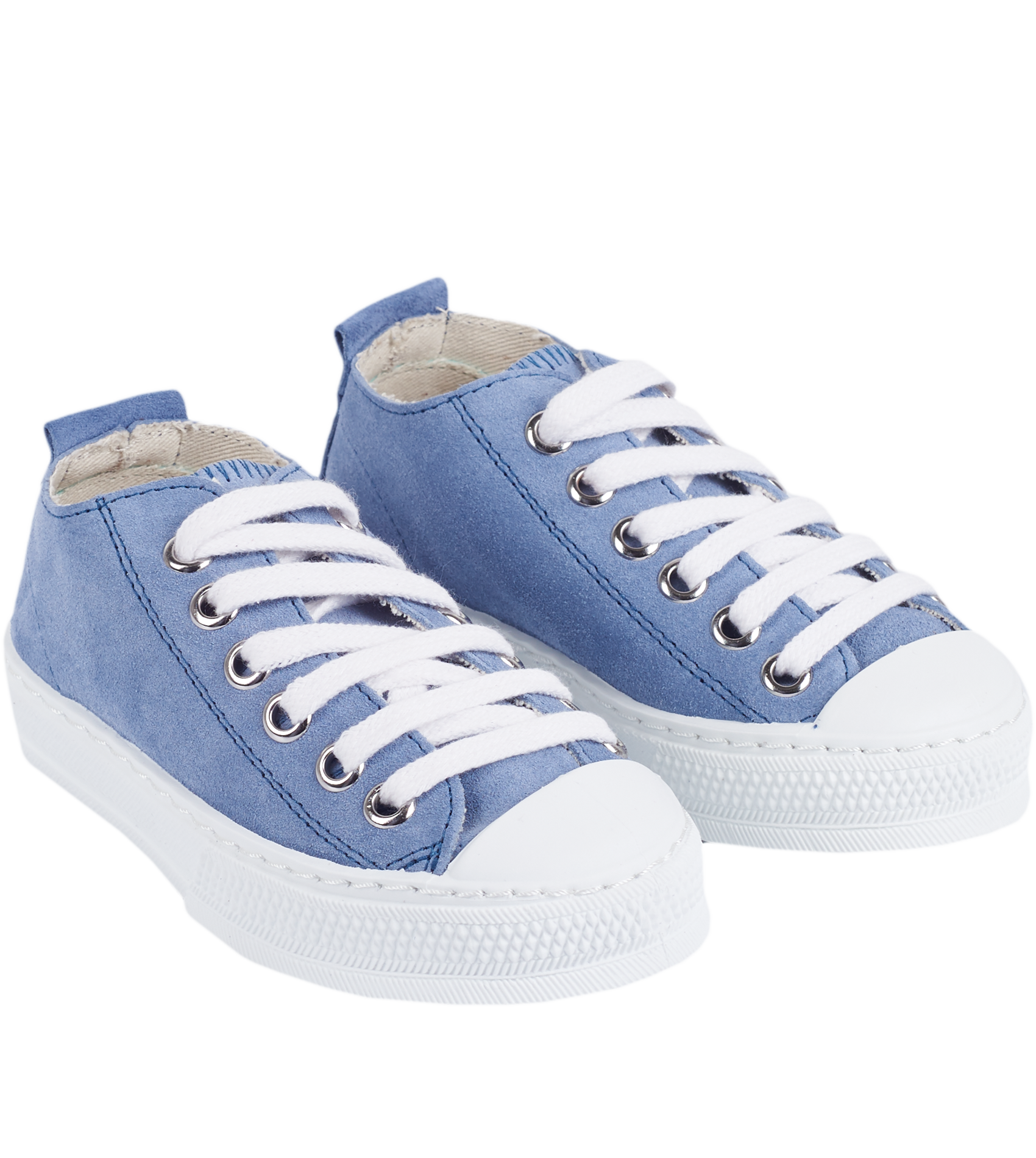 Side view of blue leather trainers for children by Cashmirino