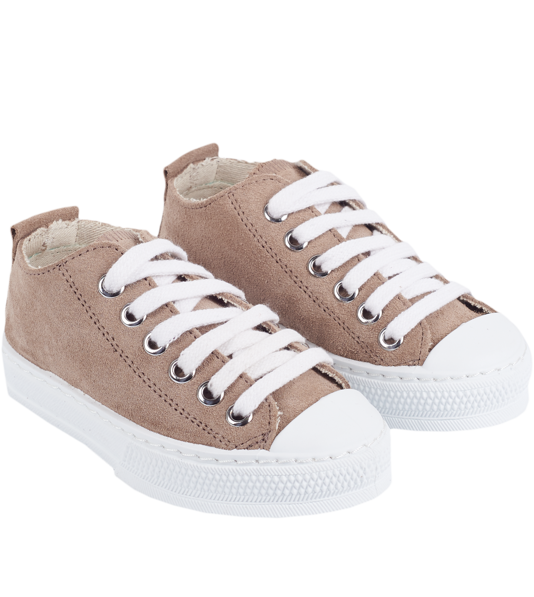 Side view of taupe leather trainers with rubber sole for children