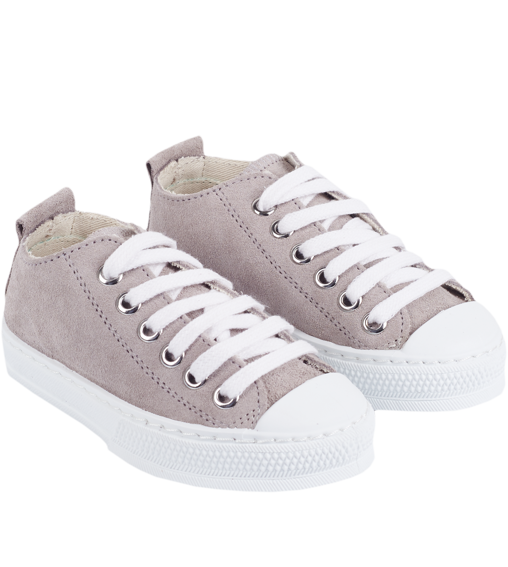 Side profile of light grey leather trainers for children.