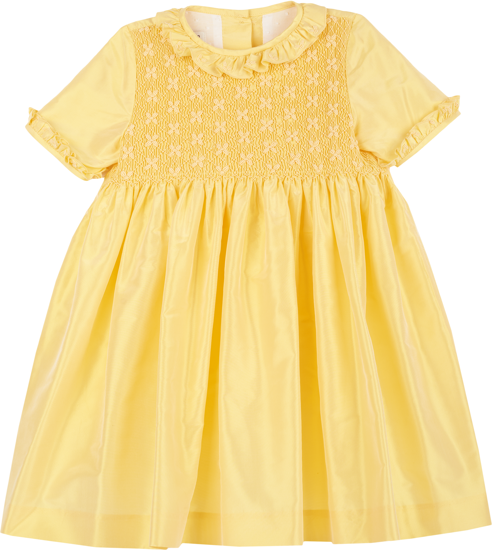 A yellow knee-length silk dress with ruffles on the collar and sleeves, featuring hand smocking and embroidery on the chest, collar, and back tie.