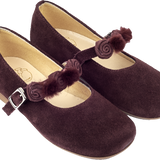 Lana Girl – Suede Ballerinas with Floral Pom-Pom Straps