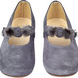Lana Girl – Suede Ballerinas with Floral Pom-Pom Straps