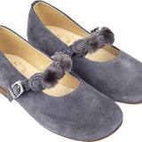 Lana Girl – Suede Ballerinas with Floral Pom-Pom Straps
