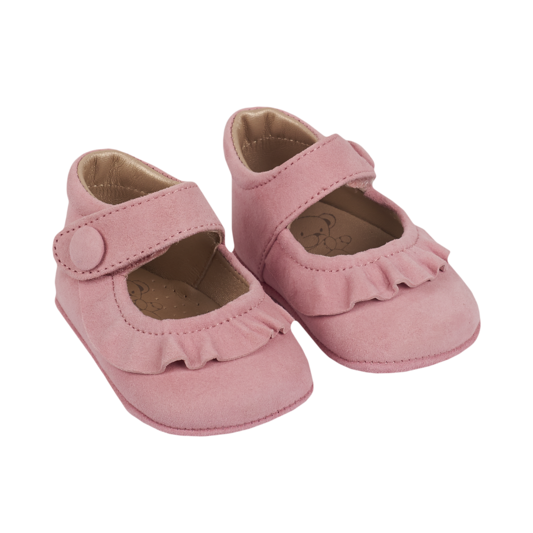 Demi Baby Girl – 100% Suede Crawling Shoes with Frill Detail & Velcro Strap