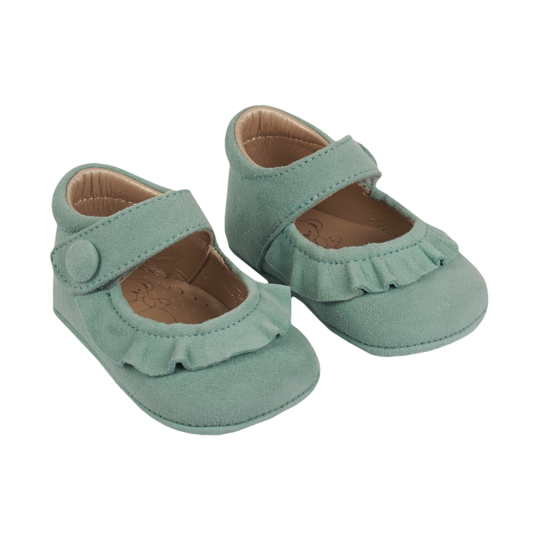 Demi Baby Girl – 100% Suede Crawling Shoes with Frill Detail & Velcro Strap