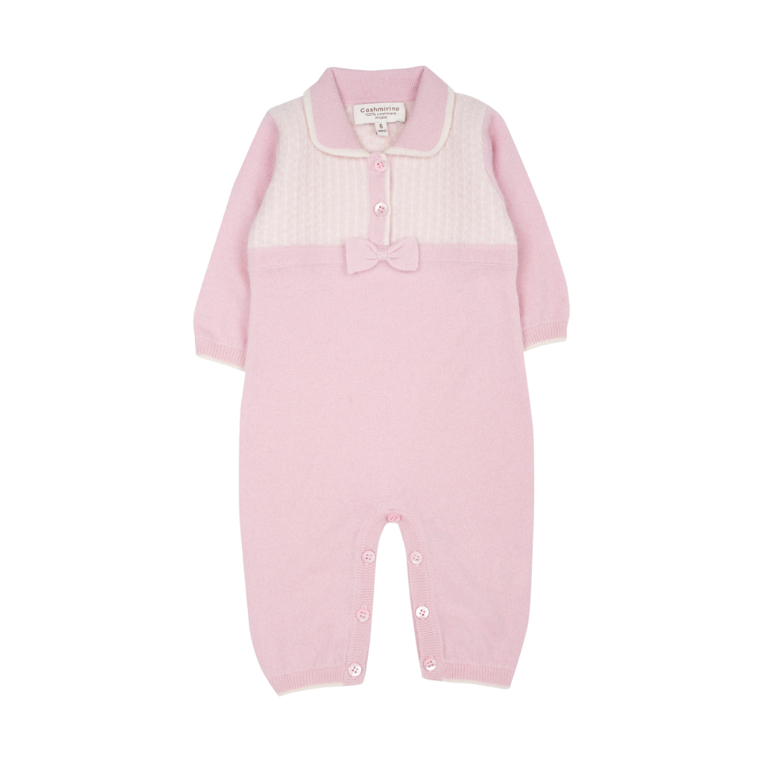 Baby Girl - Cashmere Romper With Polo Collar, Butterfly Stitch And Bow Detail
