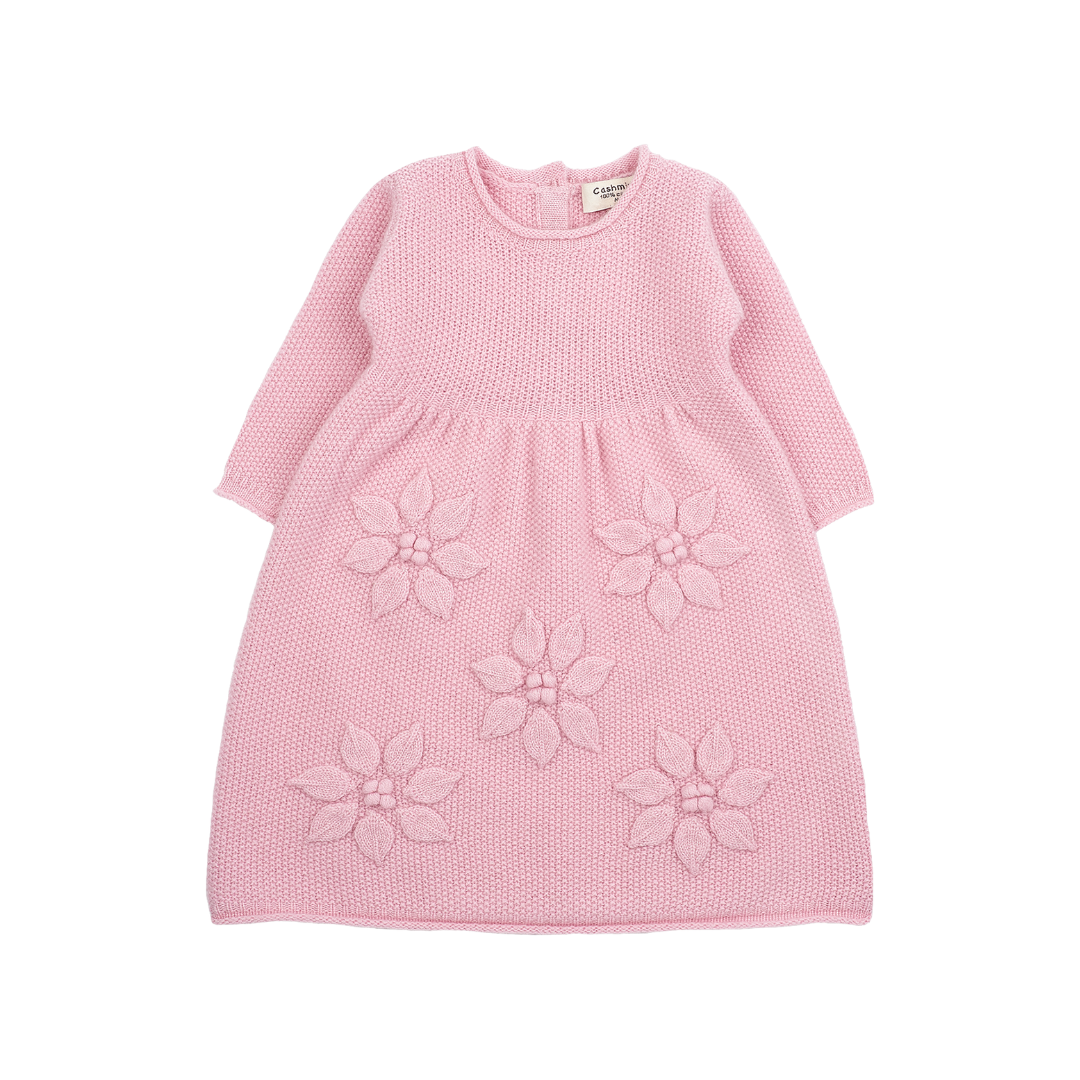 Baby Girl - Cashmere Dress with Applique Flowers and Rice Seed Stitching