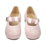 Lana Girl – Suede Ballerinas with Floral Pom-Pom Straps