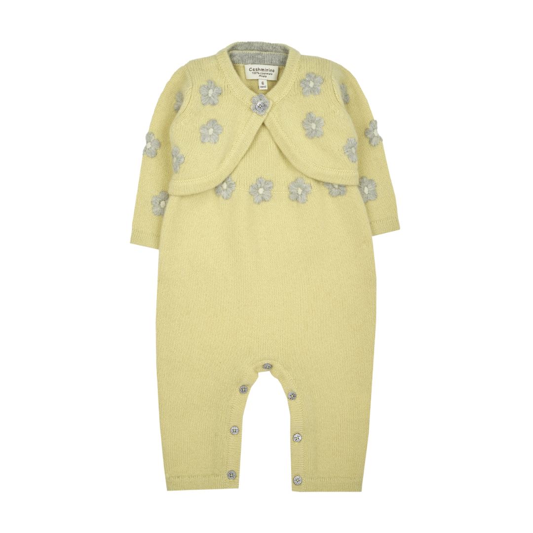 Baby Girl - 100% Cashmere Sleeveless Knit with Romper Floral Shrug Set