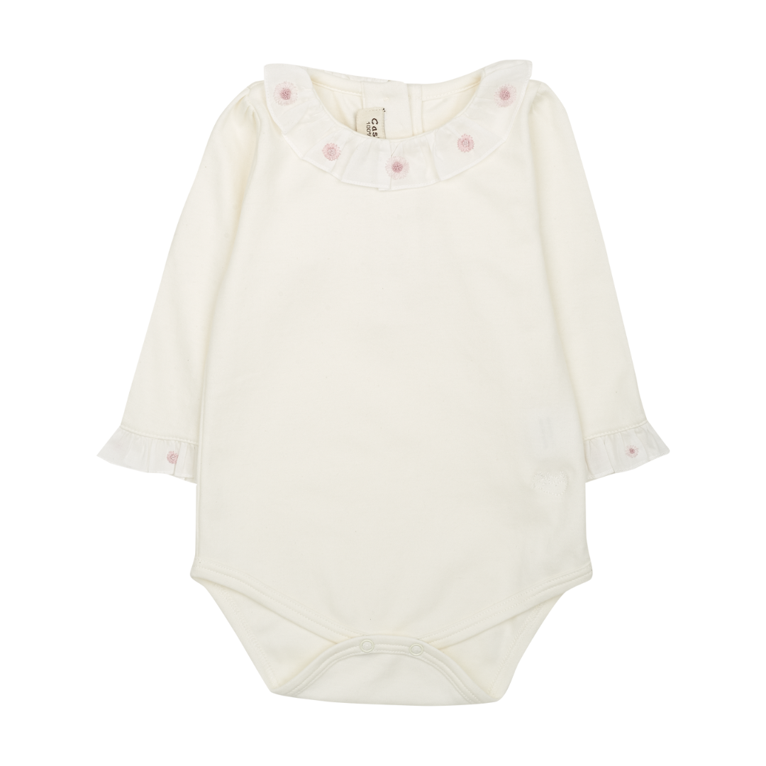 Baby Girl - Margherita Long-Sleeved Cotton Bodysuit with Ruffle Trim and Hand Embroidery