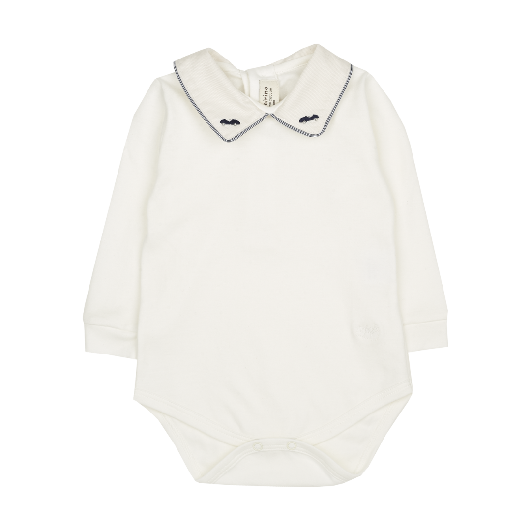 Baby Boy - Micky Pima Cotton Bodysuit with Classic Collar and Hand-Embroidered Car Detail