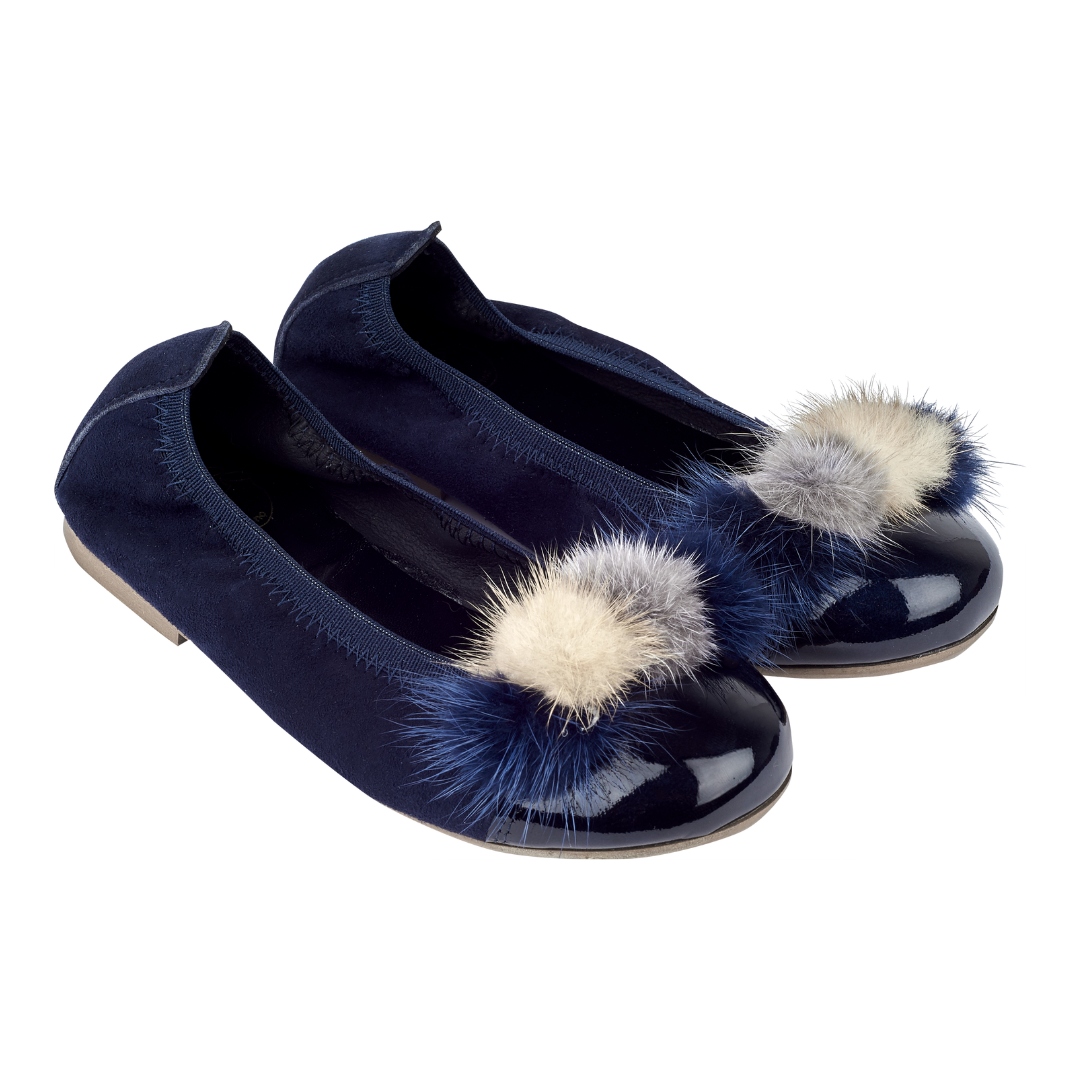 Mabel Girl – Suede Ballerinas with Multi-Coloured Pom-Poms
