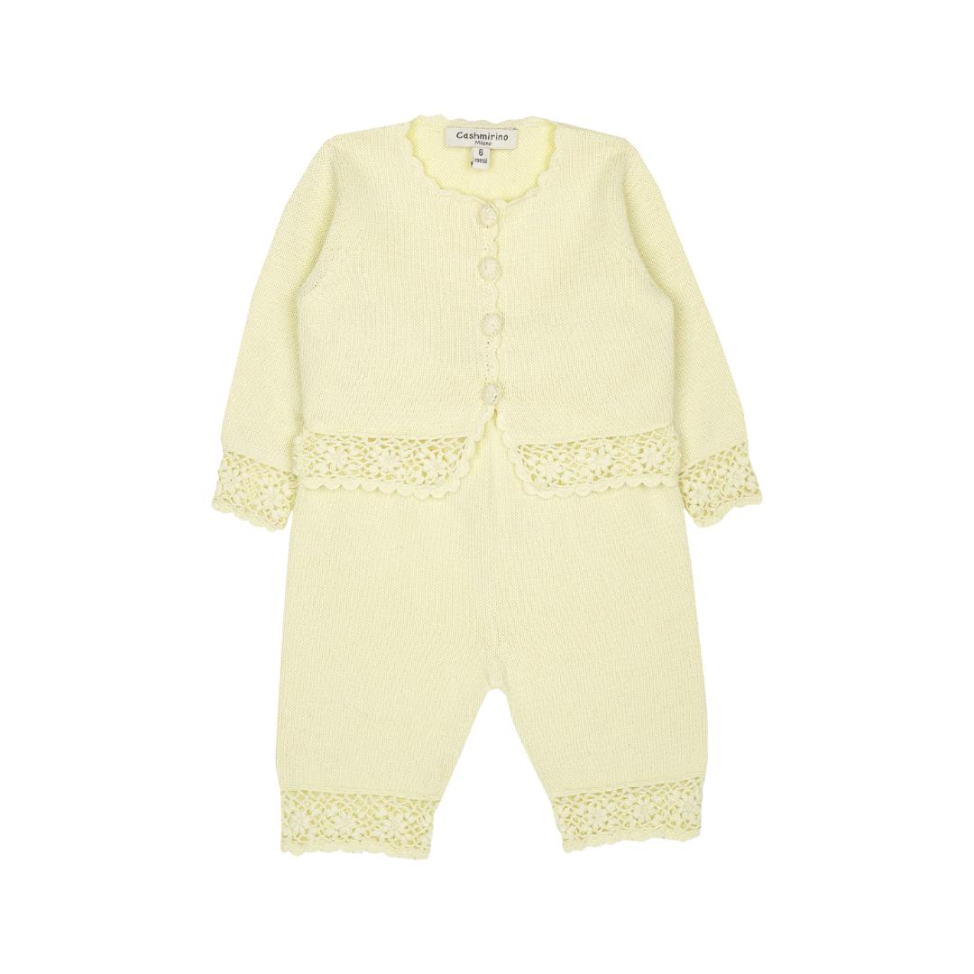 Baby Girl - Sandra 100% Cotton Round Neck Cardigan and Pull On Pants with Crochet Details Set