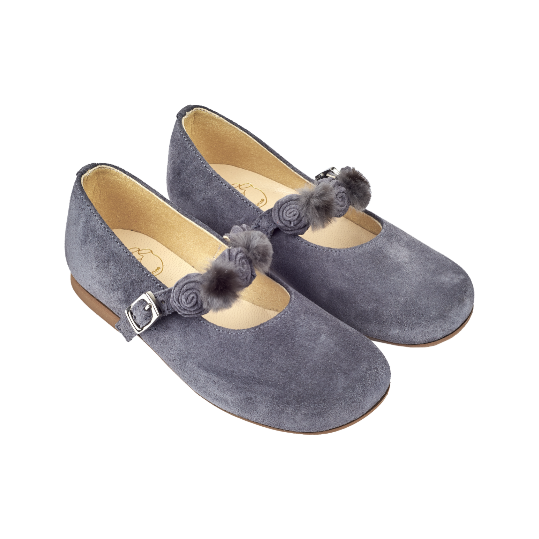 Lana Girl – Suede Ballerinas with Floral Pom-Pom Straps