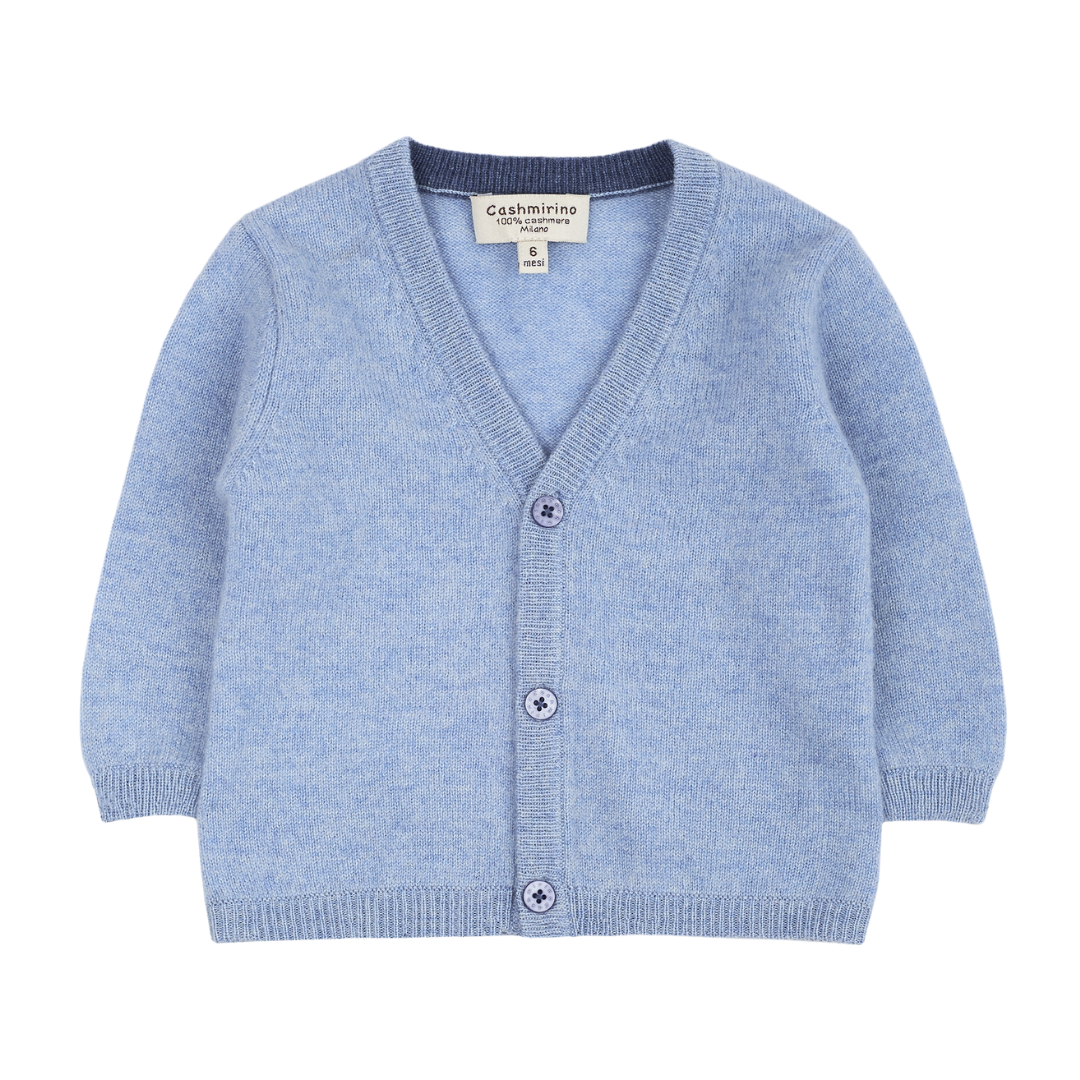 Baby boy 100% cashmere V-neck cardigan with long sleeves, ribbed hem and tonal shell buttons in soft blue — Victor Cardigan by Cashmirino.