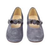 Lana Girl – Suede Ballerinas with Floral Pom-Pom Straps