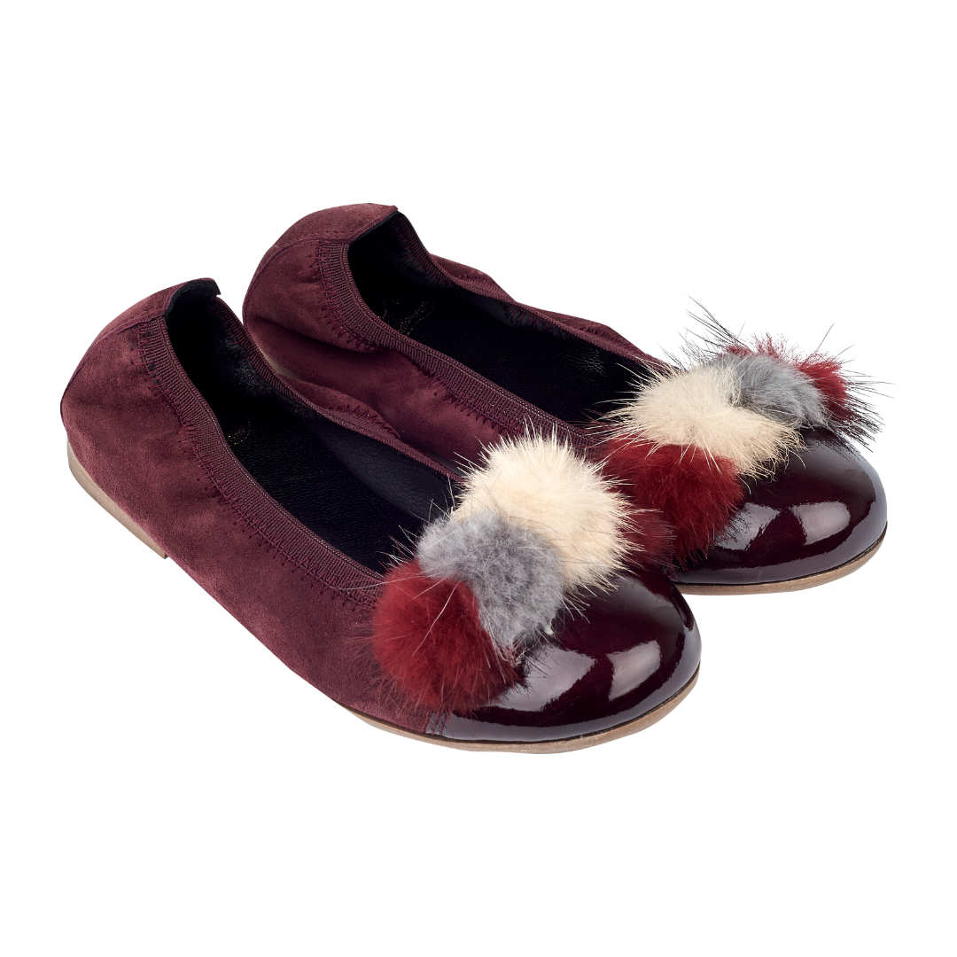 Mabel Girl – Suede Ballerinas with Multi-Coloured Pom-Poms