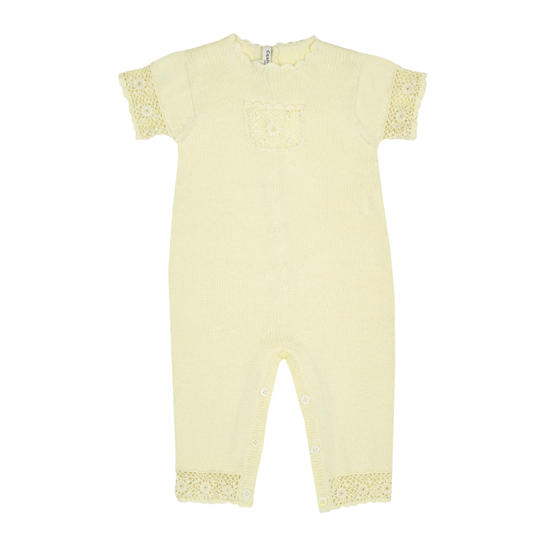 Baby Girl Cotton Romper with Hand-Crocheted Trim and Pocket