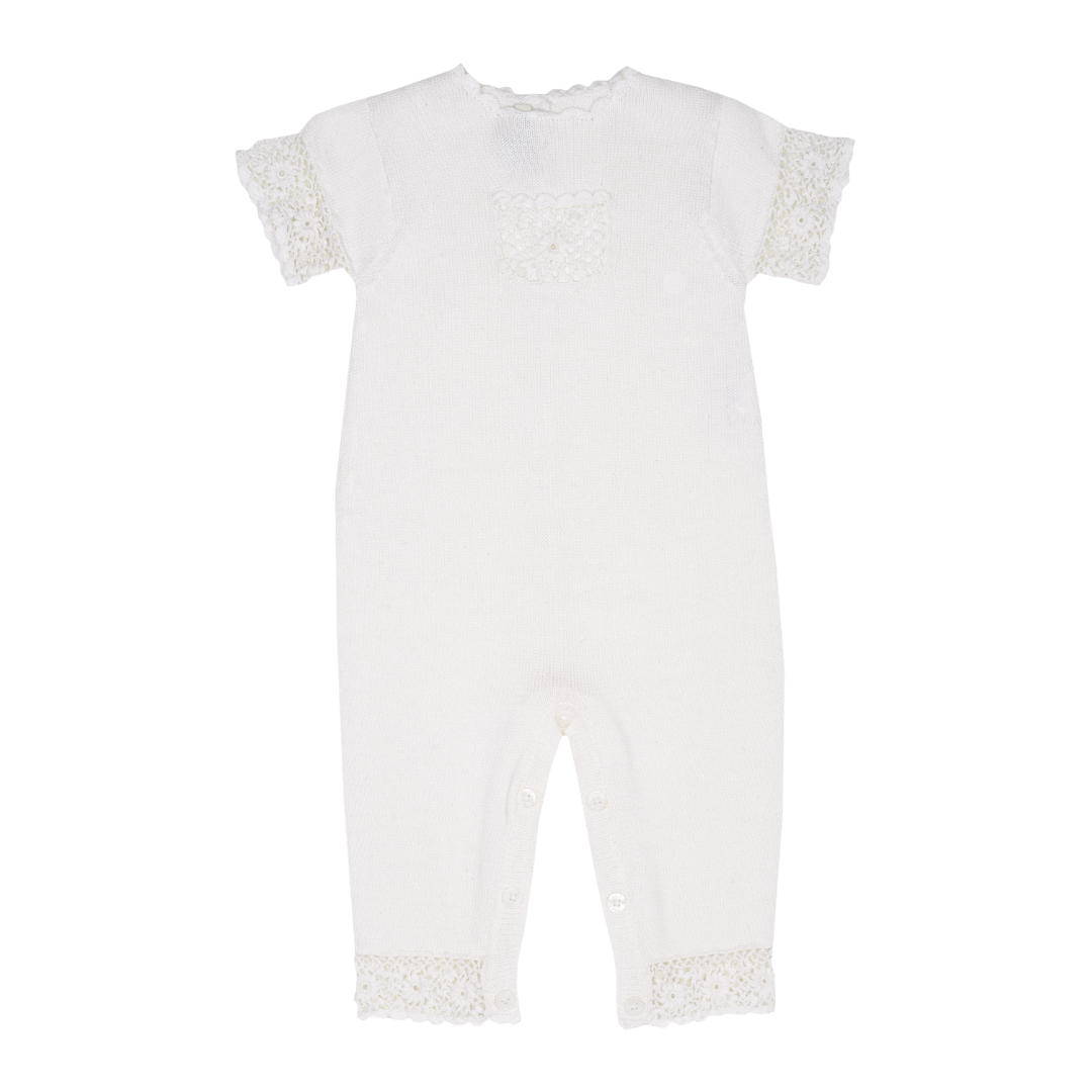 Baby Girl Cotton Romper with Hand-Crocheted Trim and Pocket
