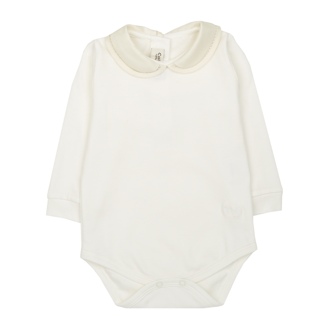 Baby Girl - Ilenia Long-Sleeved Pima Cotton Bodysuit with Contrasting Peter Pan Collar