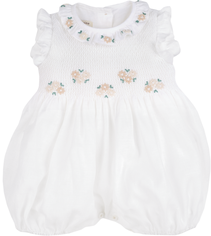 Baby Girl - Elsa Linen Hand Embroidered Smocked Romper