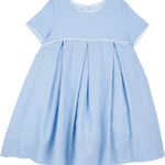 Cashmirino blue linen girls mini dress with pleated skirt, short sleeves, round neck, and crochet trim