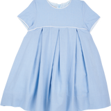 Cashmirino blue linen girls mini dress with pleated skirt, short sleeves, round neck, and crochet trim