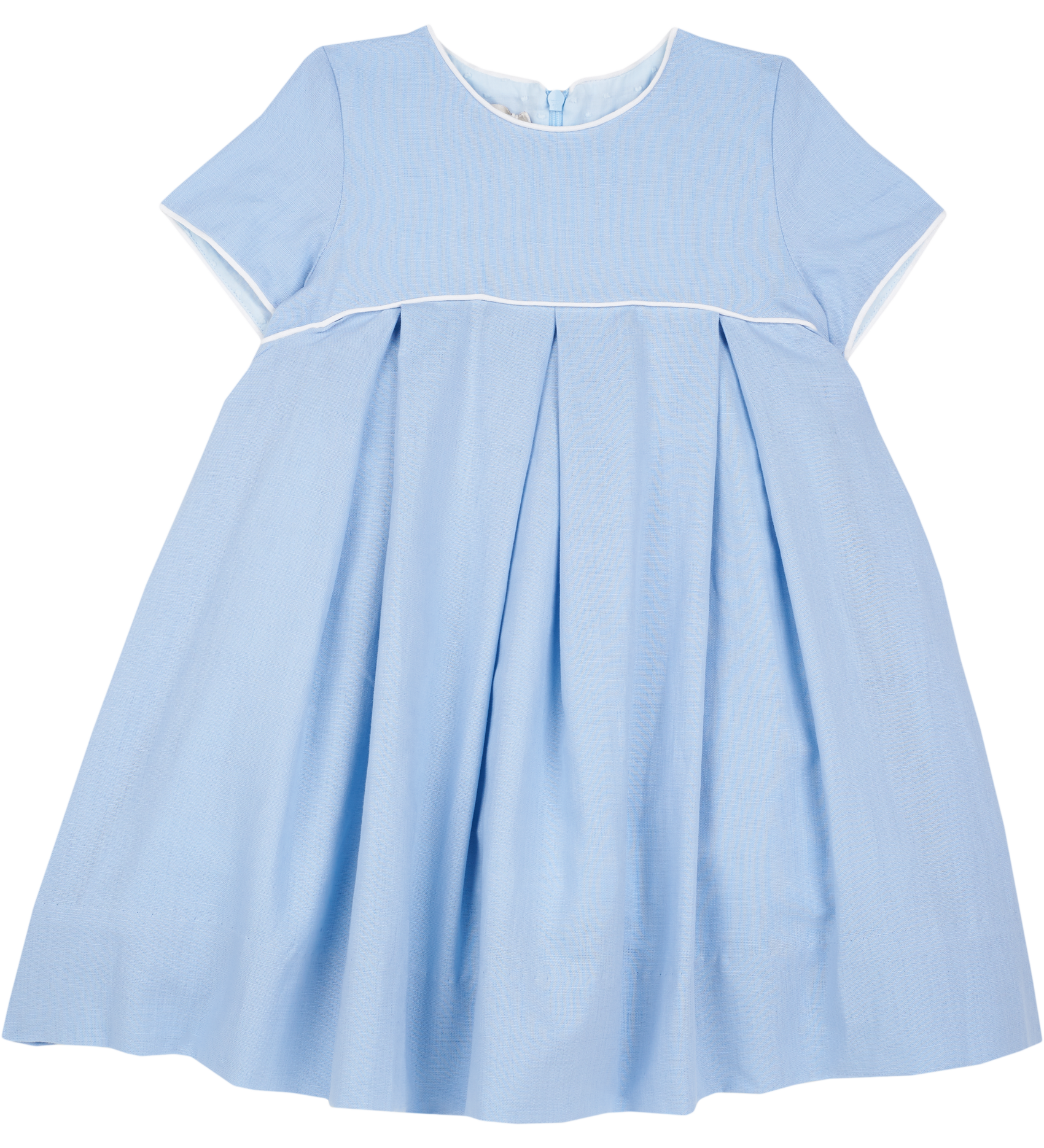 Cashmirino blue linen girls mini dress with pleated skirt, short sleeves, round neck, and crochet trim