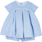 Cashmirino blue linen baby girl dress with pleated skirt, matching bloomers, short sleeves, round neck, and crochet trim
