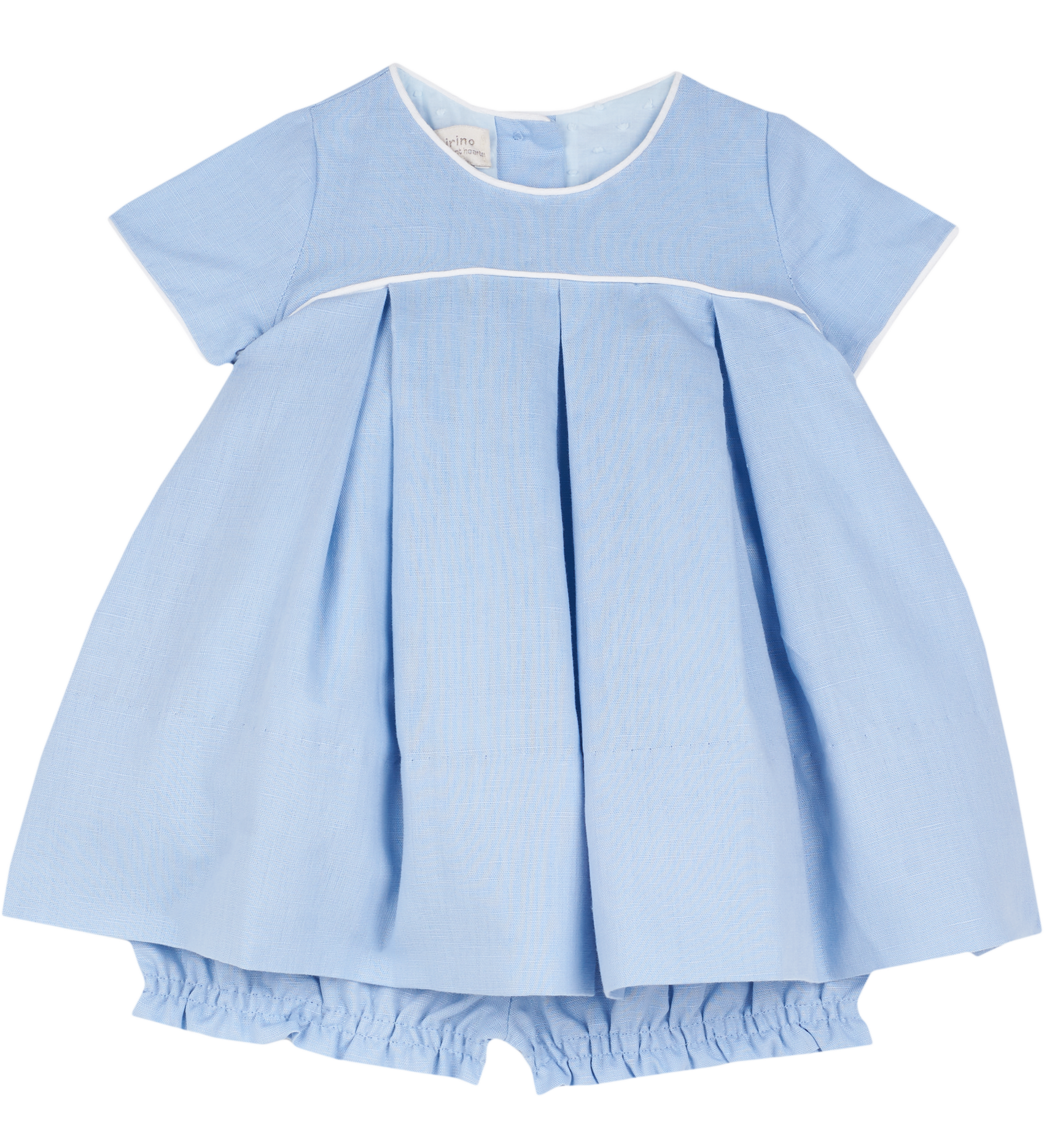 Cashmirino blue linen baby girl dress with pleated skirt, matching bloomers, short sleeves, round neck, and crochet trim
