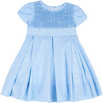 Baby girl sky blue hand-smocked dress with pleated skirt and petal sleeves