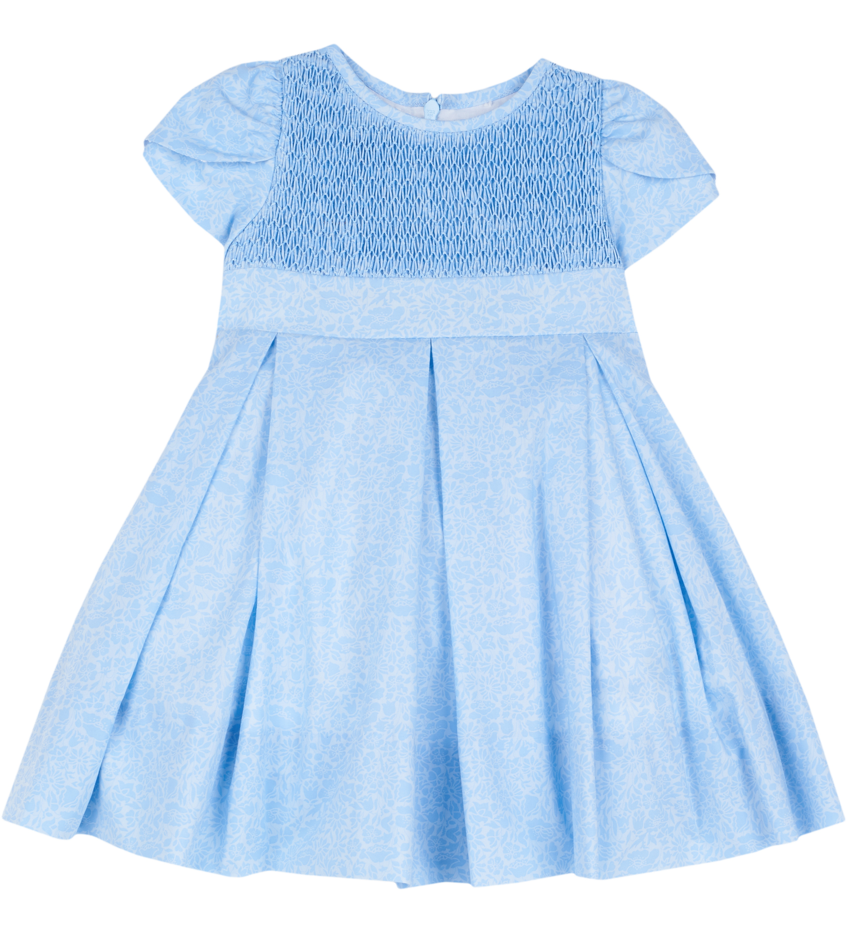 Baby girl sky blue hand-smocked dress with pleated skirt and petal sleeves