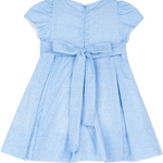 Back of baby girl sky blue dress showing hidden zip and tie closure