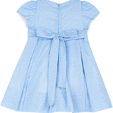 Back of baby girl sky blue dress showing hidden zip and tie closure