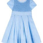 Girls blue Liberty print hand-smocked dress with pleated skirt and petal sleeves