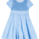 Girls blue Liberty print hand-smocked dress with pleated skirt and petal sleeves