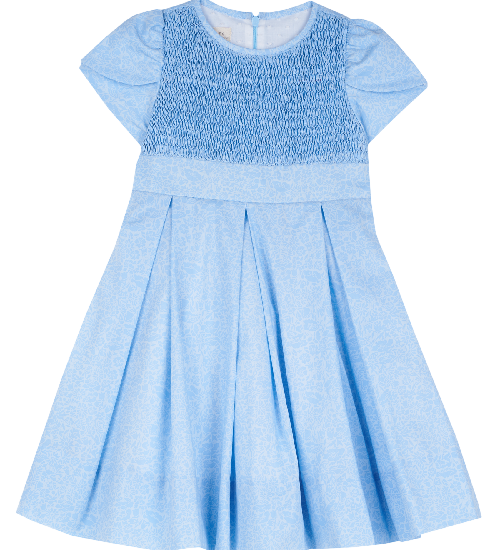 Girls blue Liberty print hand-smocked dress with pleated skirt and petal sleeves