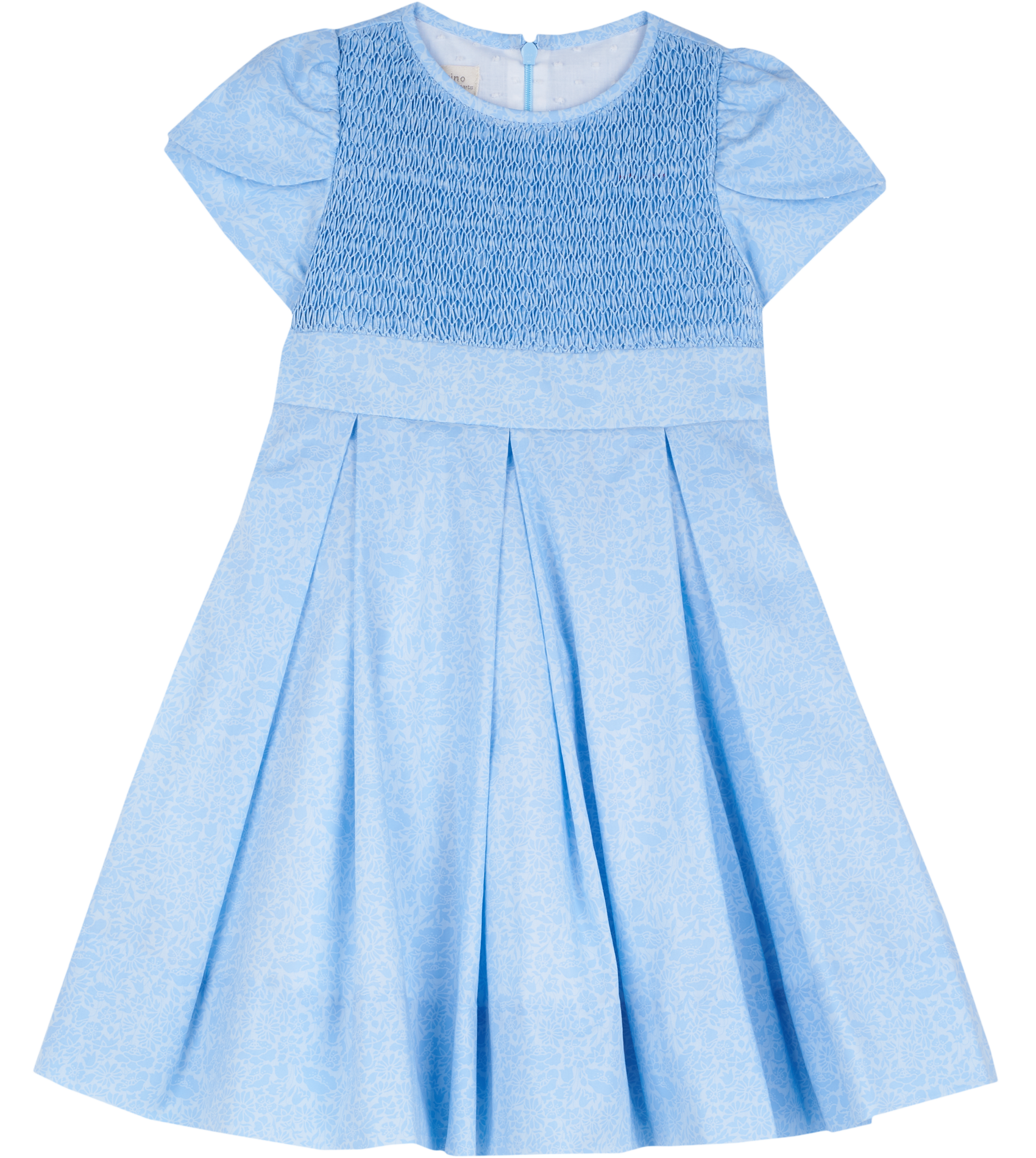 Girls blue Liberty print hand-smocked dress with pleated skirt and petal sleeves