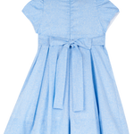 Back of girls blue Liberty print dress showing hidden zip and tie closure