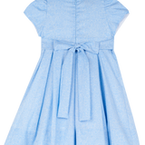 Back of girls blue Liberty print dress showing hidden zip and tie closure
